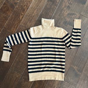 Striped Camel and Navy Merino Wool Sweater